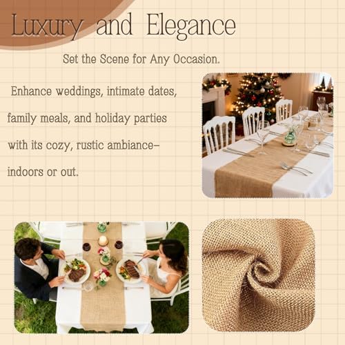 Burlap Table Runner - Rustic Jute Fabric Table Decor for Wedding