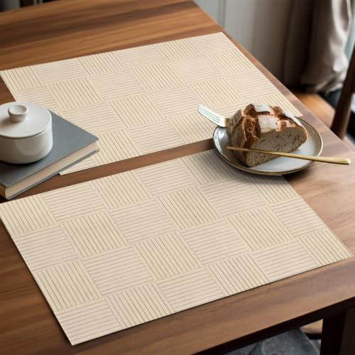 Minimalist Woven Strips Placemats Set of 8, Farmhouse Basket Beige