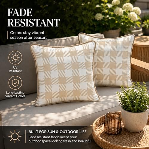 Waterproof Outdoor Pillow Covers 18x18, Set of 2, Beige and White