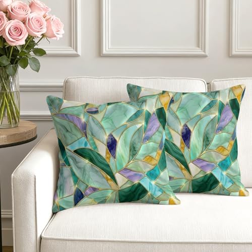 Set of 2 Abstract Leaf Pillow Covers Crystals Gold Veins Luxury