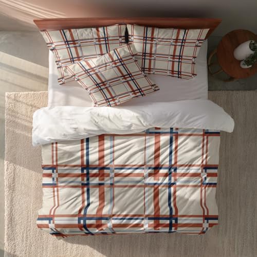 Batmerry Plaid Twin Size 100% Cotton Duvet Cover Sets, Red Blue Cream