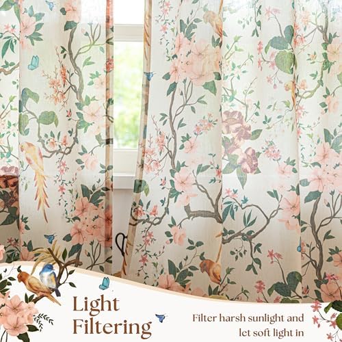 120 Inch Floral Bird Curtains for Living Room 2 Panels Set Sand Tan