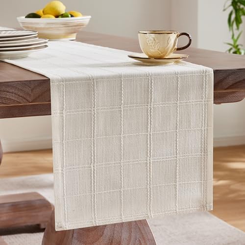 ZeeMart Linen Checked Farmhouse Table Runner, 13x48 Inches Ivory