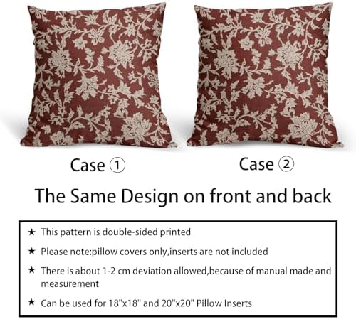 Rustic Red Floral Pillow Covers 18x18 Set of 2 Brown Cream Vintage