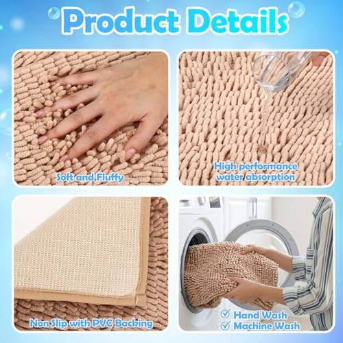 6 Pcs Chenille Bathroom Rugs Non Slip Bath Mats Set, Camel, Grey