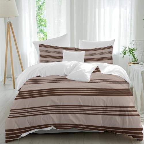 Duvet Cover King Size 3 Piece Bedding Set, Brown and Beige Stripe Soft