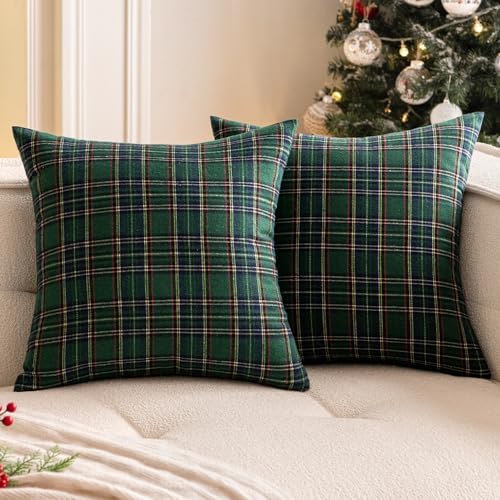 Christmas Scottish Plaid Throw Pillow Covers 18x18 Green Set of 2
