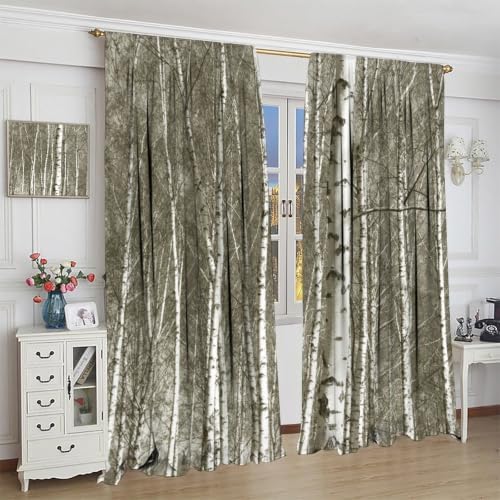 White Birch Tree Blackout Curtains, Neutral Gray Winter Forest Print