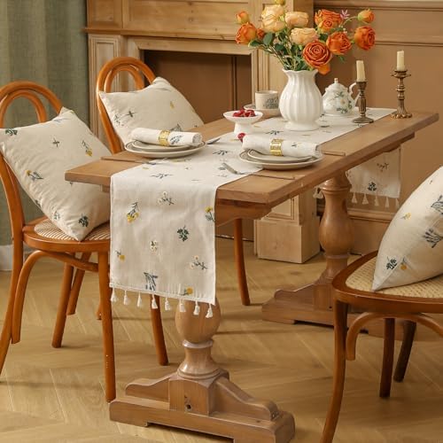 Boho Daisy Embroidered Linen Table Runner with Tassels Set of 1 Runner