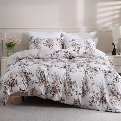 LONAVA Queen Floral 3 Pcs Duvet Cover Set, Breathable Soft Microfiber