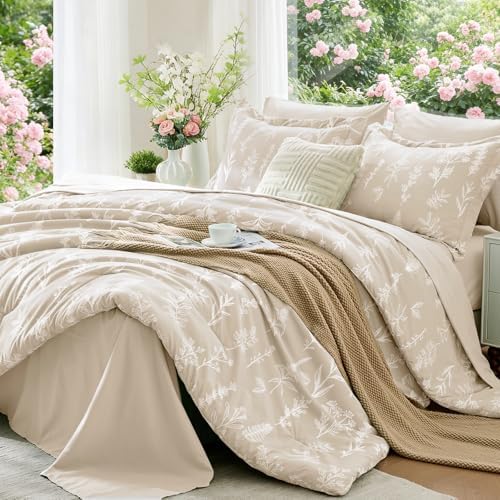 MUXHOMO King Comforter Set, 7-Piece Floral Bed in a Bag, Beige