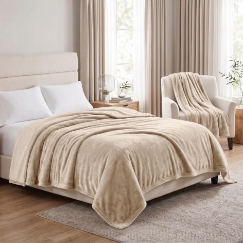 SUPERIOR Solid Fleece Bundle King Bed Blanket and Throw 2PC Set, Linen