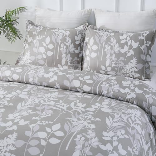 Vaulia Microfiber Duvet Cover Set Queen, Grey Botanical
