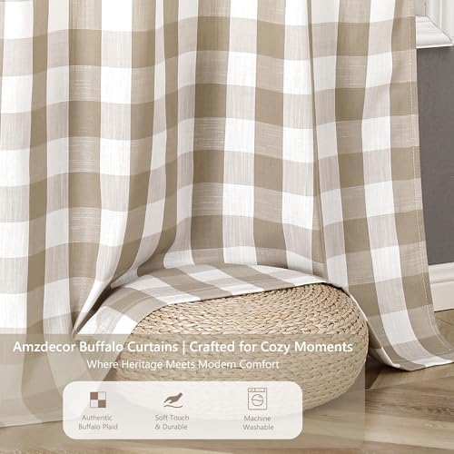 Amzdecor Beige Buffalo Plaid Semi Sheer Grommet Curtains 84 Inch