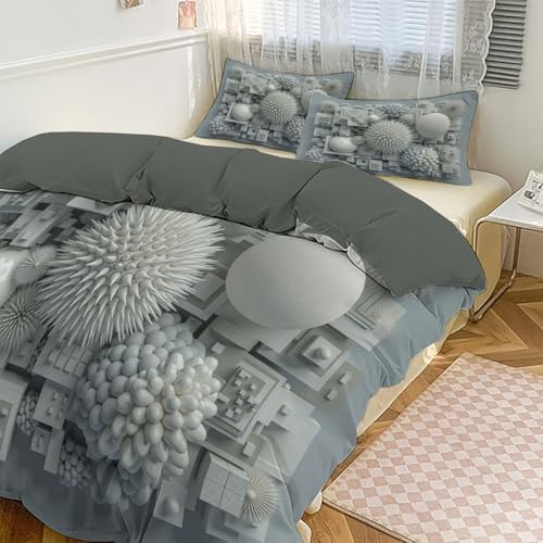 3D Modern Geometric Duvet Cover Set Queen, Gray 3 Pieces Bedding Sets