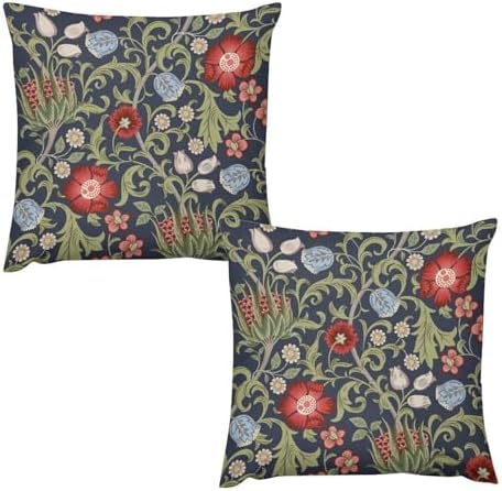 William Morris Flower Pillow Covers Set of 2,Red Flowers Green Leaves