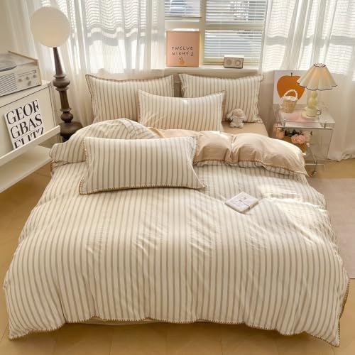 Light Khaki White Striped Duvet Cover Twin XL Farmhouse Cotton Bedding