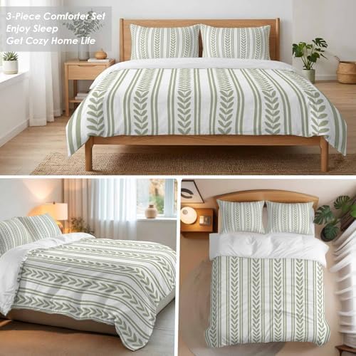 3 Pieces Bedding Set Queen Size, Sage Green Botanical Soft Duvet