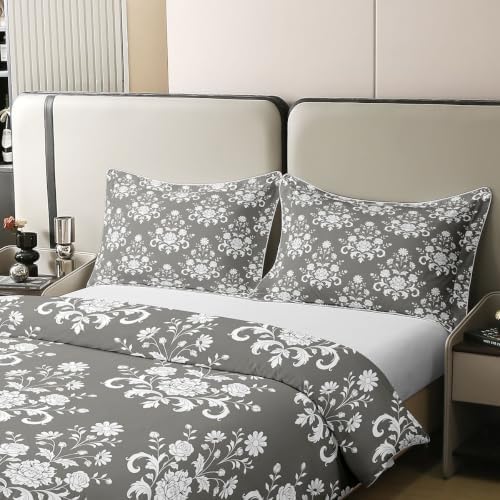 Feelyou Grey Floral Duvet Cover 100% Cotton Queen Size Boys Girls