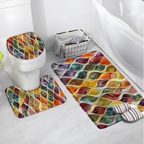 4 Pieces Bath Rugs Boho Abstract Leaves Mid Century Retro Colorful