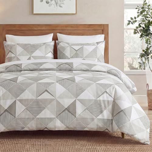 MOVE OVER Beige and Gray Duvet Cover Queen Size, 100% Cotton Bedding