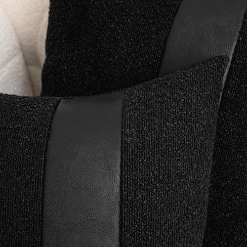 18x18 Black Boucle Throw Pillow Covers with Leather Accent, 2 PC