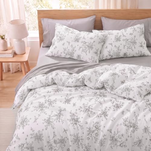 Bedbay 100% Cotton Duvet Cover Queen Size, Soft Grey Floral Duvet