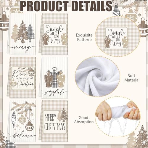 Hosuly 6 Pcs Christmas Kitchen Towels Wood Plaid Angel Dish Towels