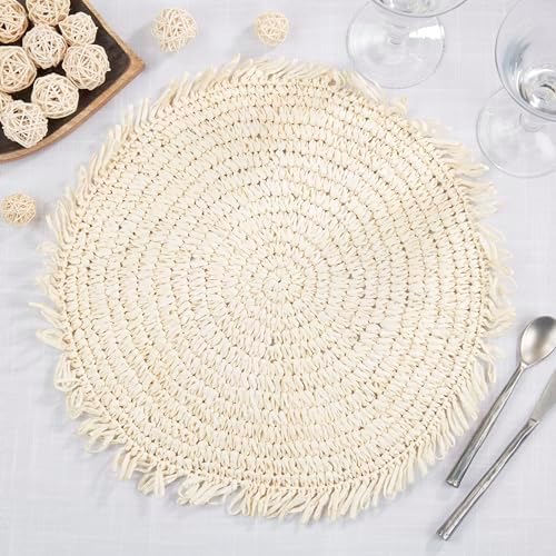 Saro Lifestyle Rustic Raffia Fringe Placemat (Set of 4), Ivory, 14"