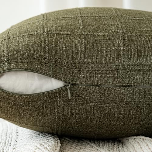 FEVERQIYI Set of 2 18x18 Olive Green Cotton Linen Plaid Pillow Covers