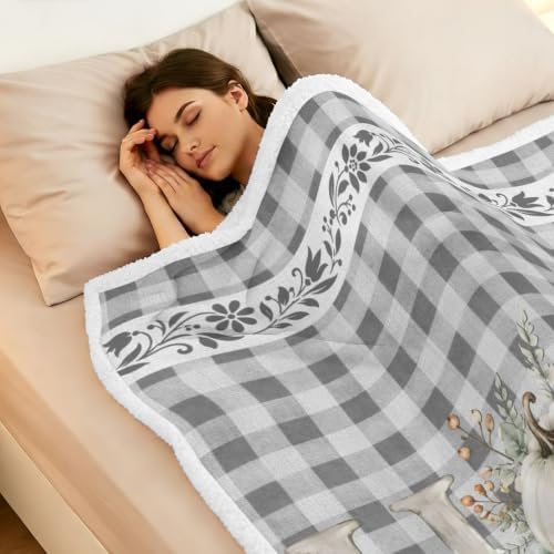 Fleece Sherpa Bed Blankets, Grey Checked Microfiber Plush Flannel