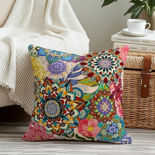 Outdoor Pillow Covers 18x18 Boho Floral Waterproof Throw Pillow