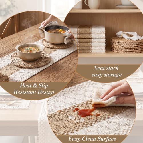 Boho Placemats Set of 6 - Boho Woven Placemat, Round Rattan Placemat