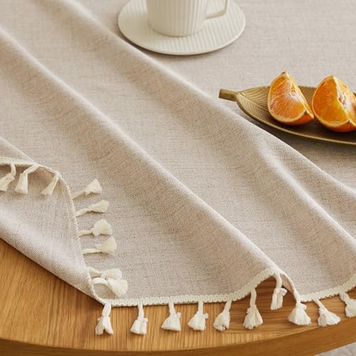 Tassel Linen Round Table Cloth, Natural 52 Inch