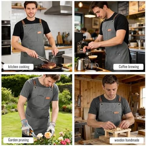 Canvas Chef Apron for Men and Women, Cotton, Cross-Back, 5 Pockets