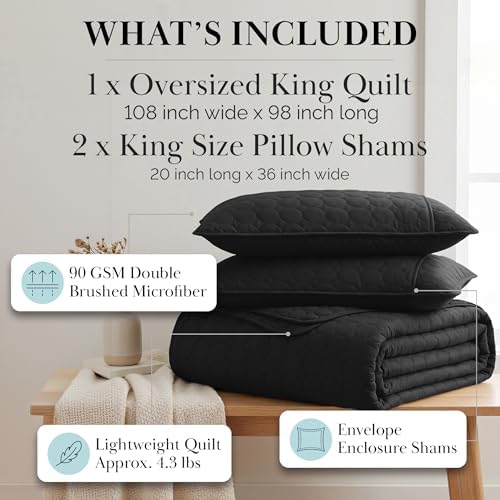 Oversized Black Quilt King Size Bedding Set with 2 Pillow Shams, Black