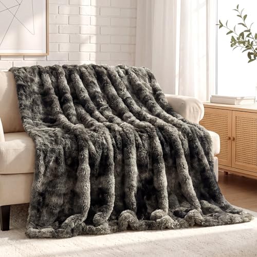 Wajade Fluffy Faux Fur Throw Blanket for Couch Bed 90x90, Luxury Soft