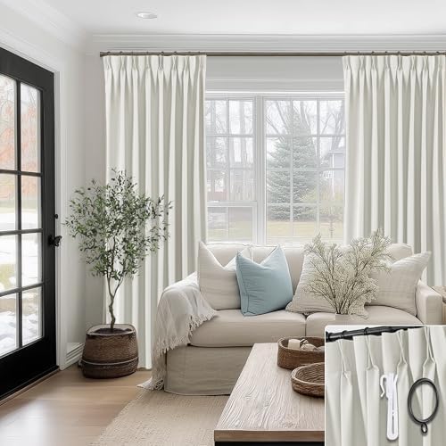 SHINELAND Pinch Pleated Cream Blackout Curtains 96 Inch Long 2 Panel
