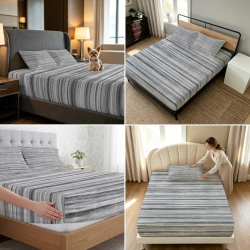 Queen Fitted Sheet Deep Pocket, Abstract Gray Striped Textured Soft