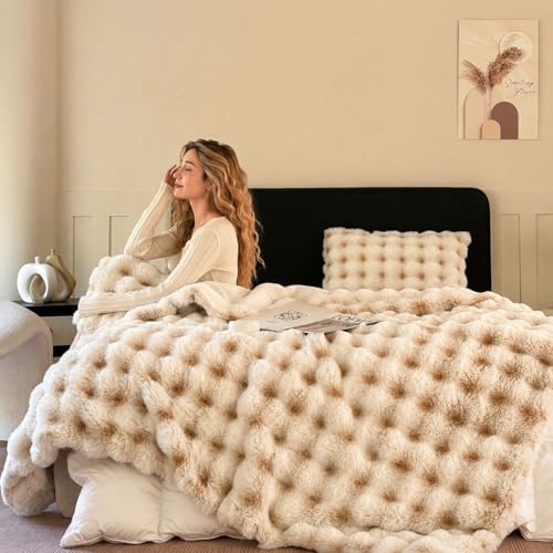 Ultra-Soft Fuzzy Faux Fur Throw Blanket,Camel & Ivory,60x80 in