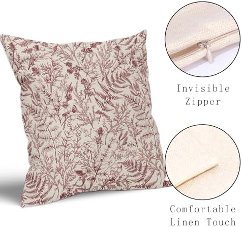Burgundy Red Fern Leaves Pillow Covers 18X18 Inch Plant Leaf Floral
