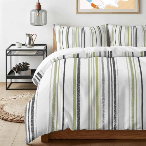 Black Green Stripes California King Duvet Cover Set, Country Vintage