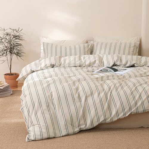 DONEUS Green Striped Duvet Cover Set 100% Washed Cotton Linen Like