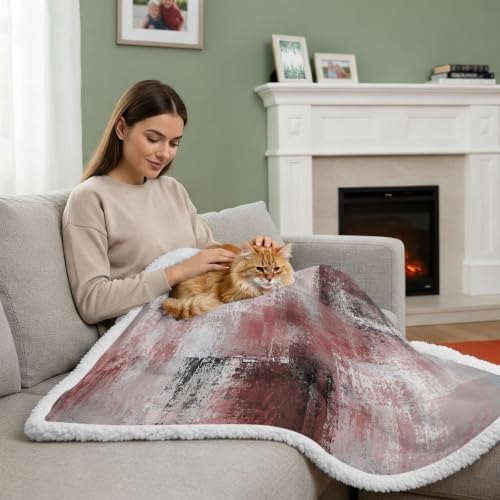 Red Gray Graffiti Texture Sherpa Fleece Throw Blanket Fuzzy Cozy