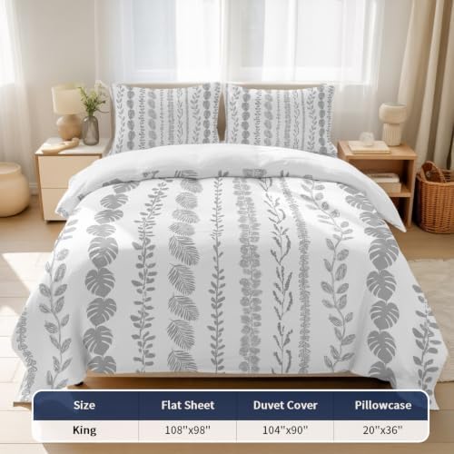 Grey Leaf Striped King 4 Piece Duvet Cover Set, Summer Botanical