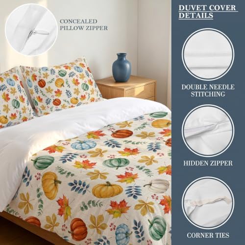 Thanksgiving Fall Duvet Cover Set 3 Pieces with Zipper Closure, Blue
