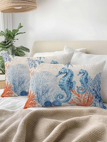 Throw Pillows 12x20 Set of 2, Blue Red Seahorse Coastal Waterproof