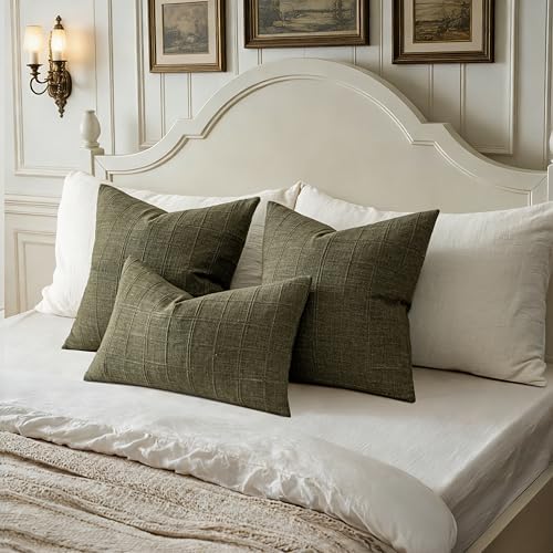 FEVERQIYI Set of 2 18x18 Olive Green Cotton Linen Plaid Pillow Covers