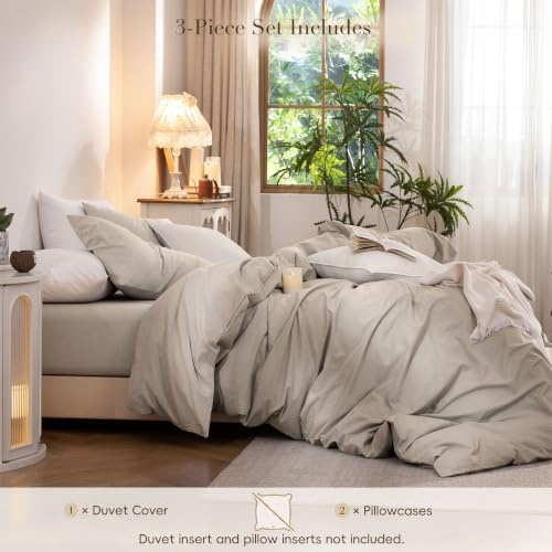 Duvet Cover Set 100% Washed Cotton Linen Feel 3‐Pcs Full