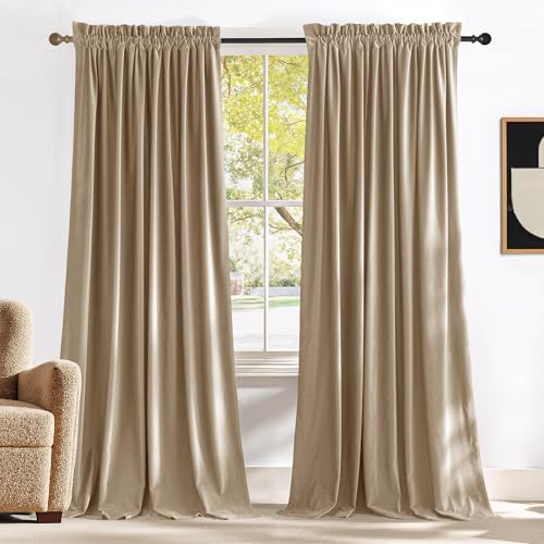 NICETOWN Thick Beige Velvet Drapes 108 inch Long Rod Pocket Curtains